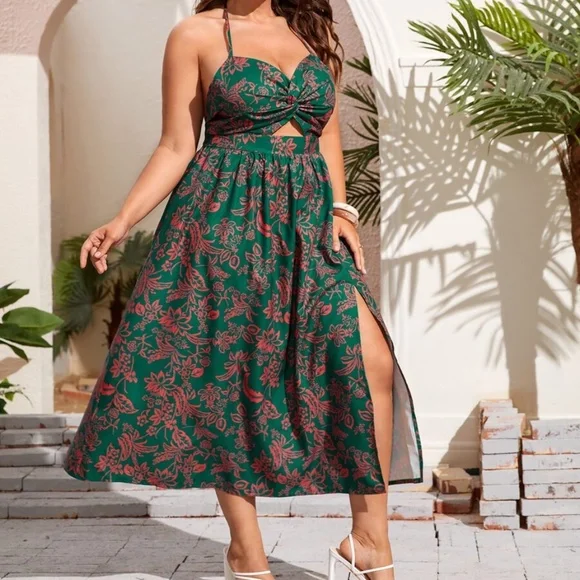 Boho Plus Floral Print Cut out Halter Midi Dress - Picture 3 of 5